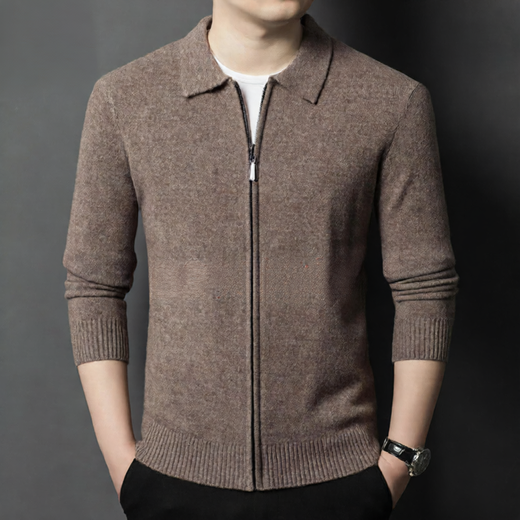 Men's Wool Knit Cardigan Zipper Lapel Jacket
