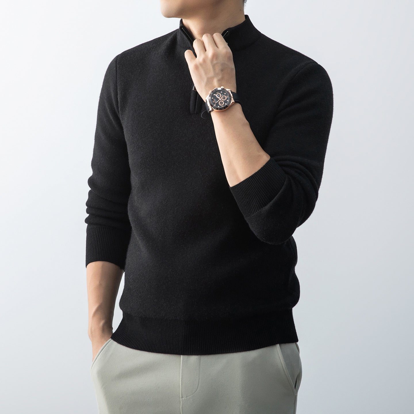 Men's Casual Fleece-Lined Knit Sweater with Zipper