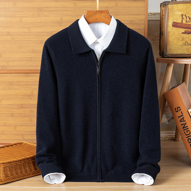 Men's Wool Knit Cardigan Zipper Lapel Jacket