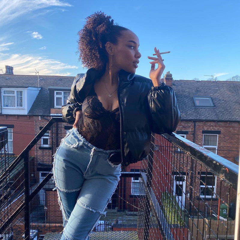 Leather cotton-padded jacket