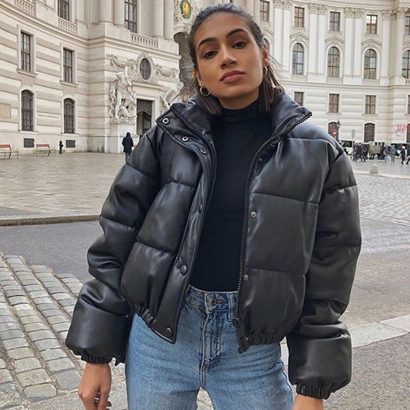 Leather cotton-padded jacket