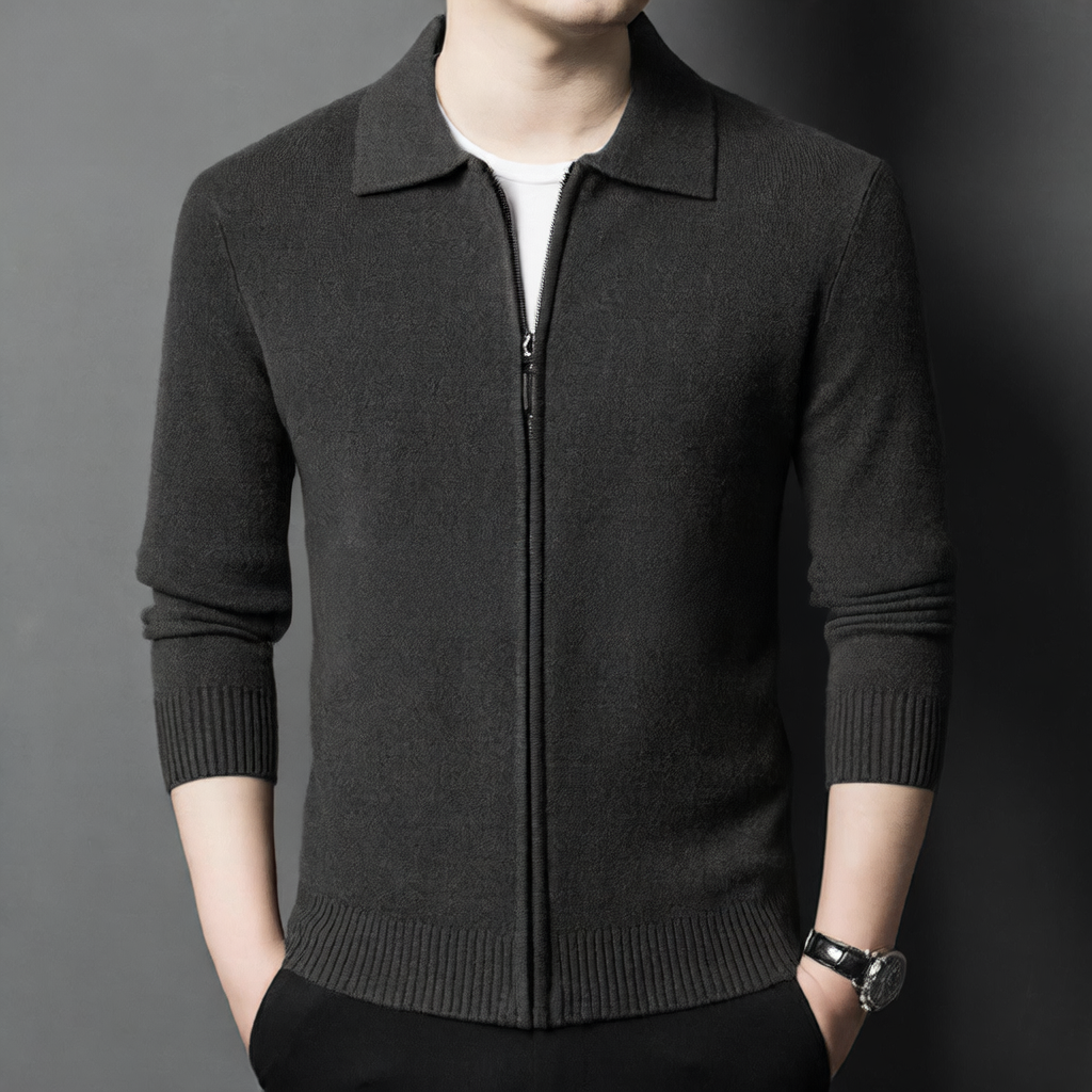 Men's Wool Knit Cardigan Zipper Lapel Jacket